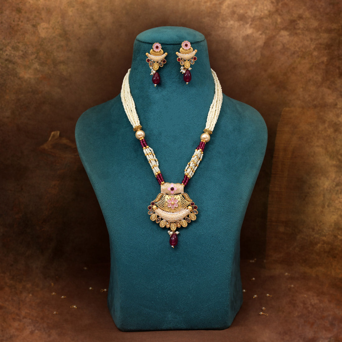 Rani Color Meena Work Matte Gold Rajwadi Temple Necklace Set (TPLN710RNI) Jewellery GetGlit