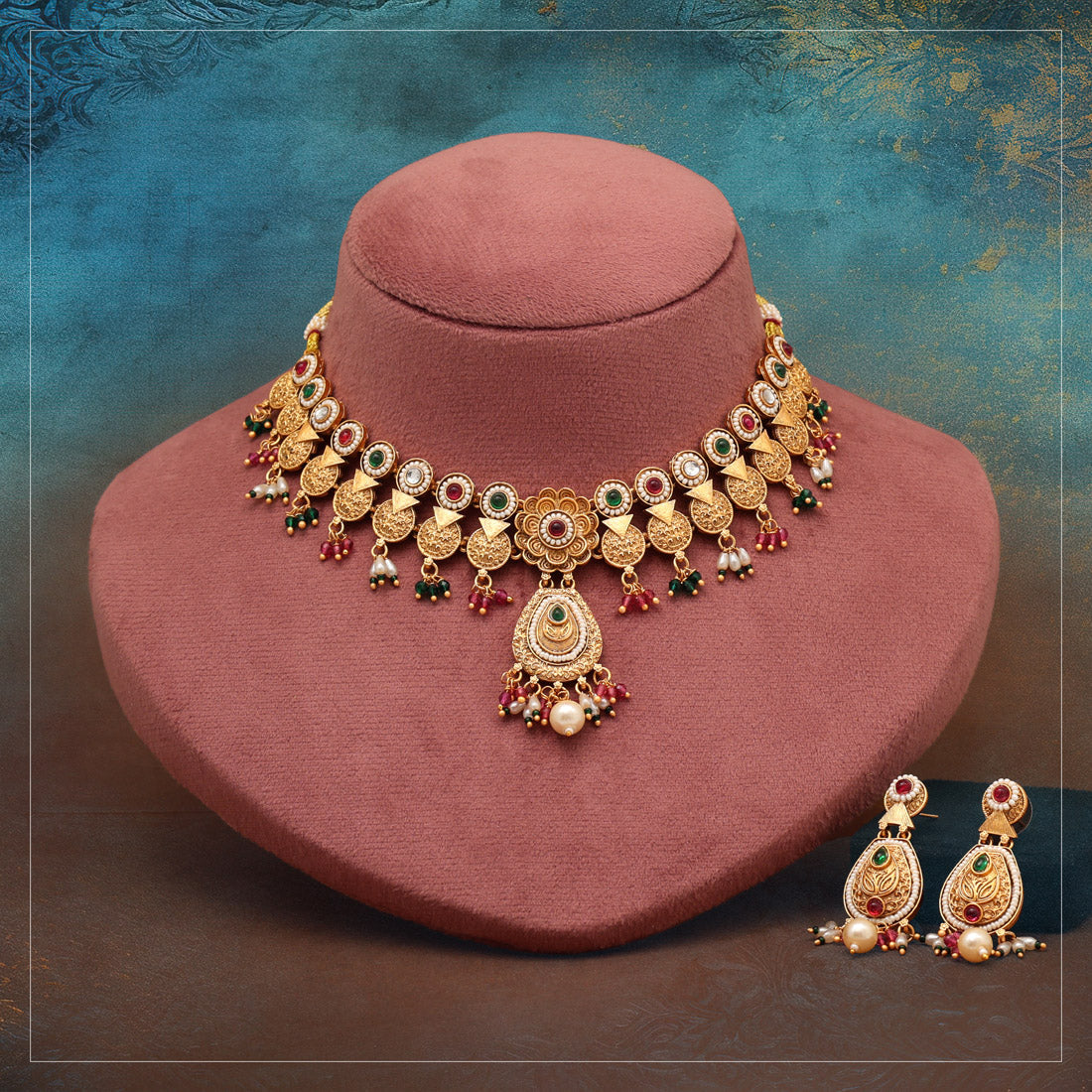 Rani & Green Color Matte Gold Rajwadi Temple Necklace Set (TPLN712RNIGRN) Jewellery GetGlit