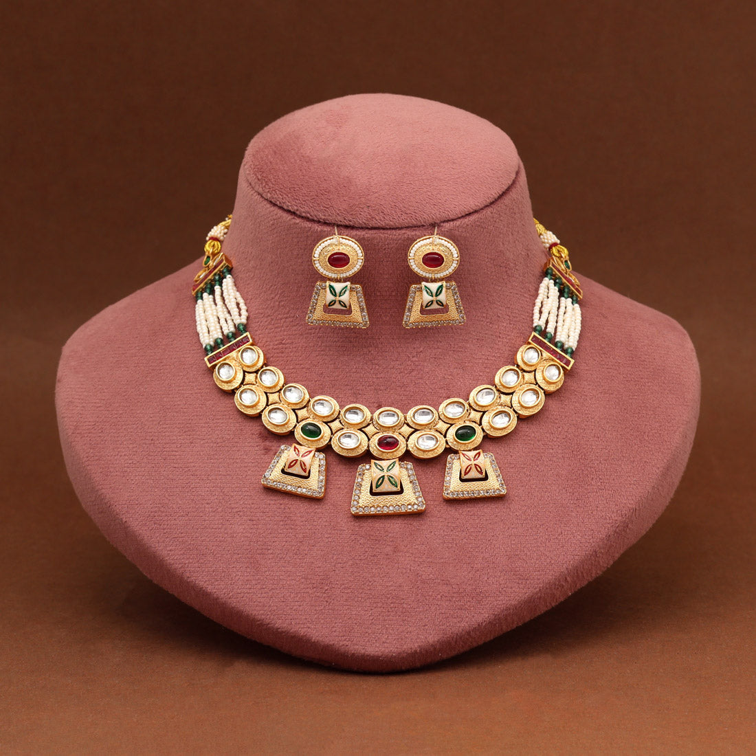 Rani & Green Color Matte Gold Rajwadi Temple Necklace Set (TPLN713RNIGRN) Jewellery GetGlit