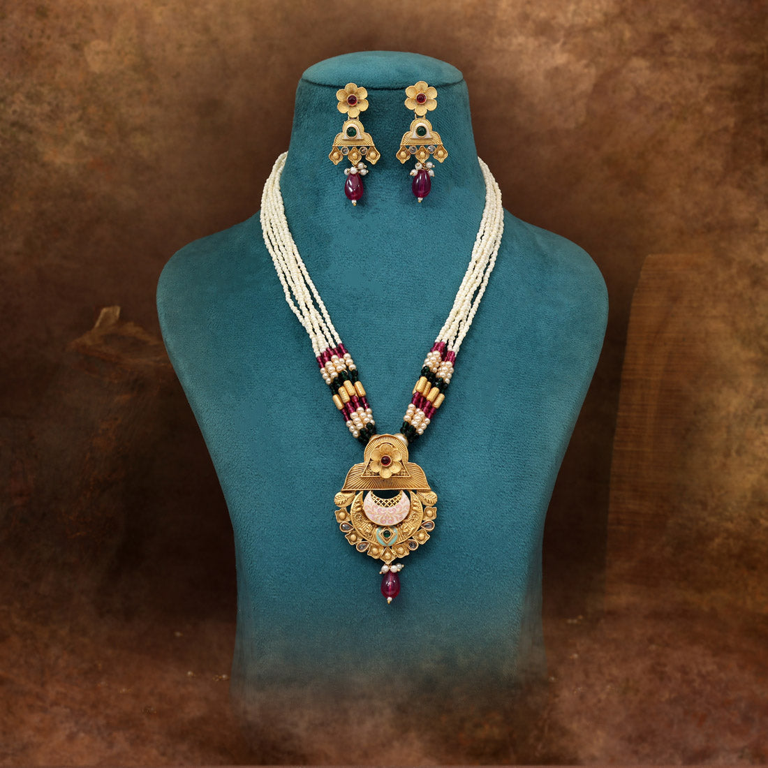 Rani & Green Color Meena Work Matte Gold Rajwadi Temple Necklace Set (TPLN714RNIGRN) Jewellery GetGlit