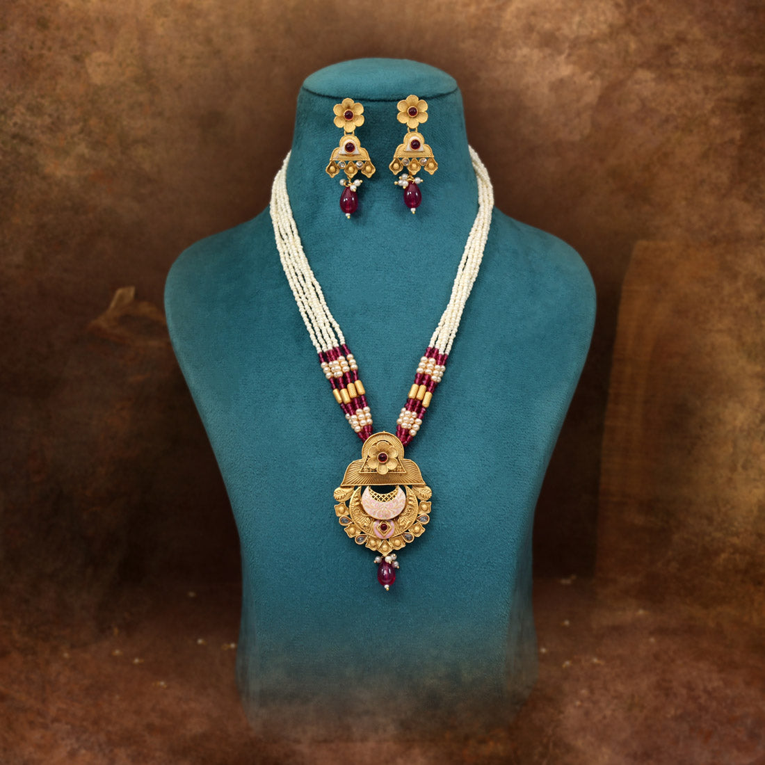 Rani Color Meena Work Matte Gold Rajwadi Temple Necklace Set (TPLN714RNI)