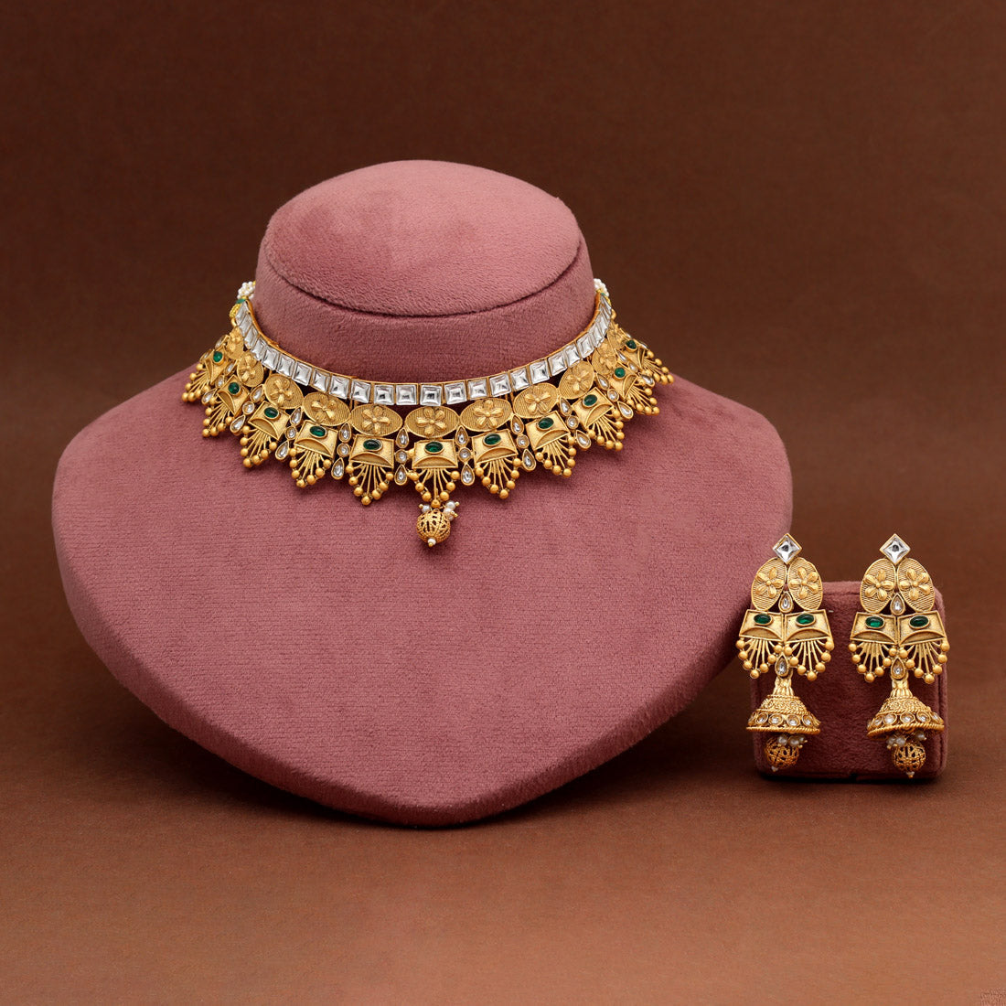 Green Color Choker Matte Gold Rajwadi Temple Necklace Set (TPLN715GRN) Jewellery GetGlit