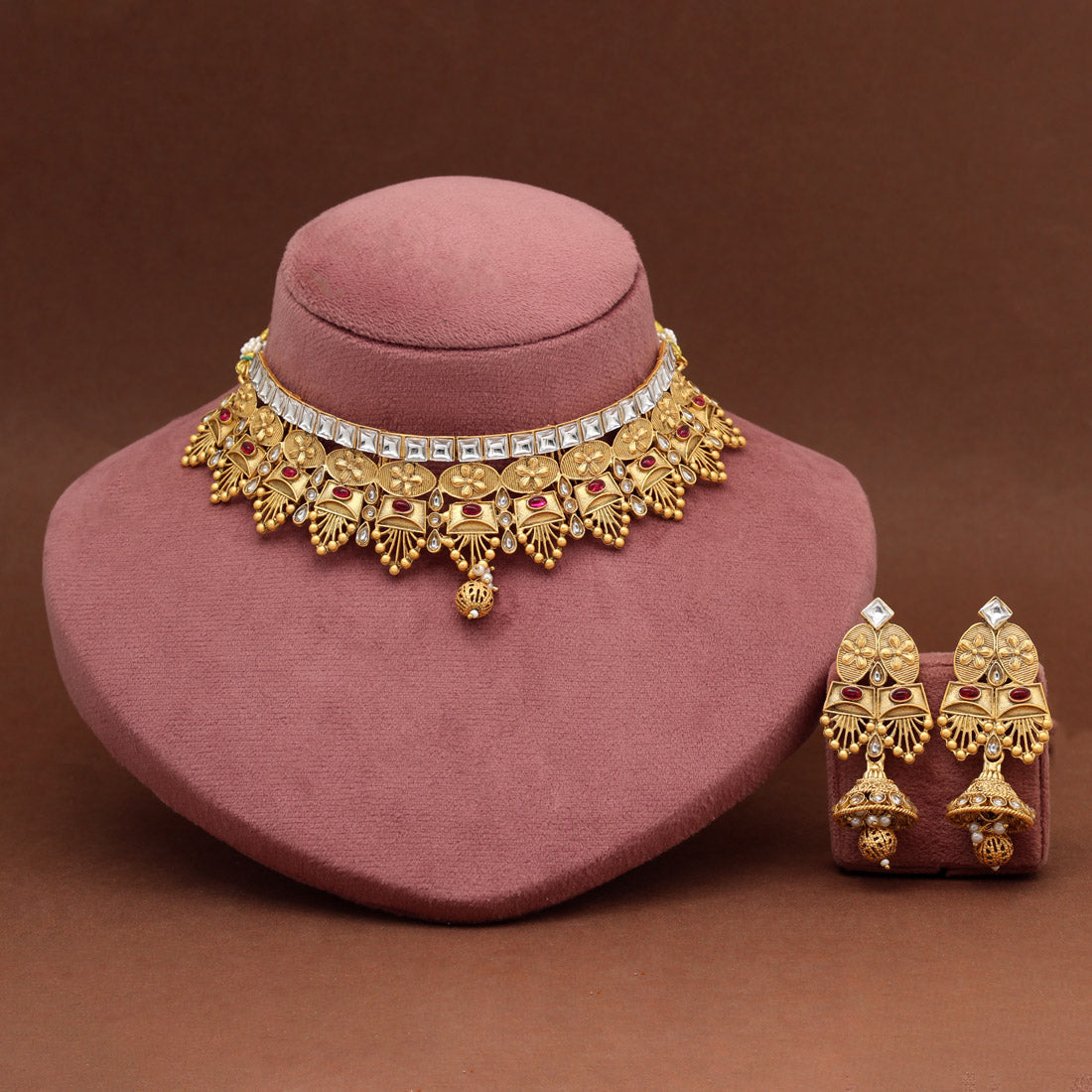 Rani Color Choker Matte Gold Rajwadi Temple Necklace Set (TPLN715RNI) Jewellery GetGlit