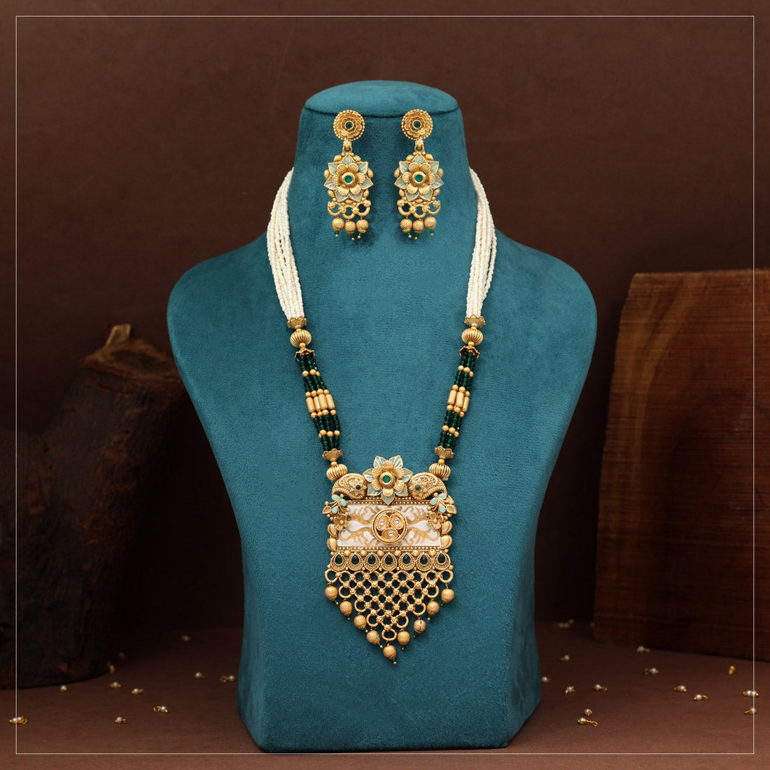 Green Color Matte Gold Rajwadi Temple Necklace Set (TPLN716GRN) Jewellery GetGlit