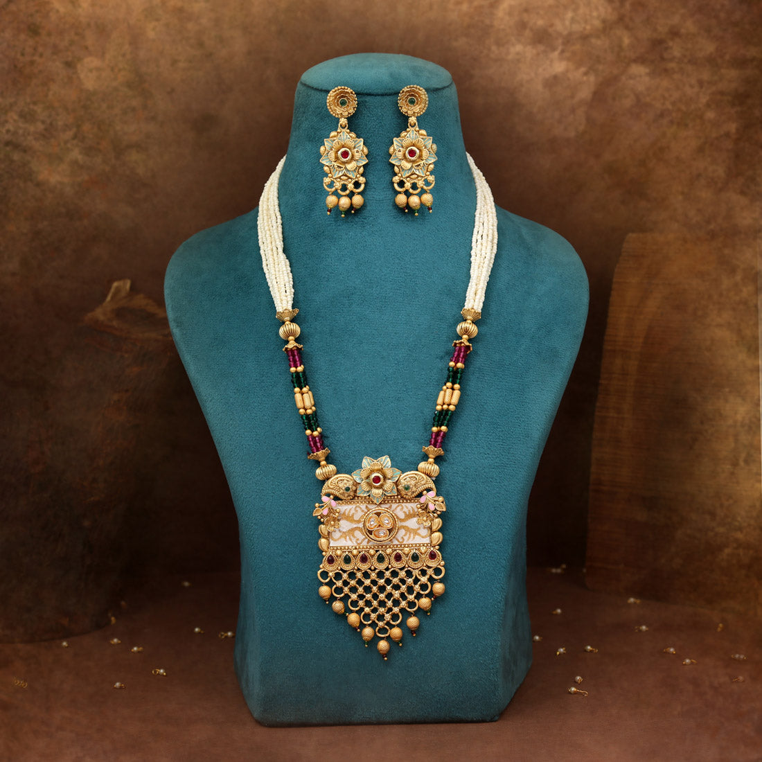 Rani & Green Color Matte Gold Rajwadi Temple Necklace Set (TPLN716RNIGRN)