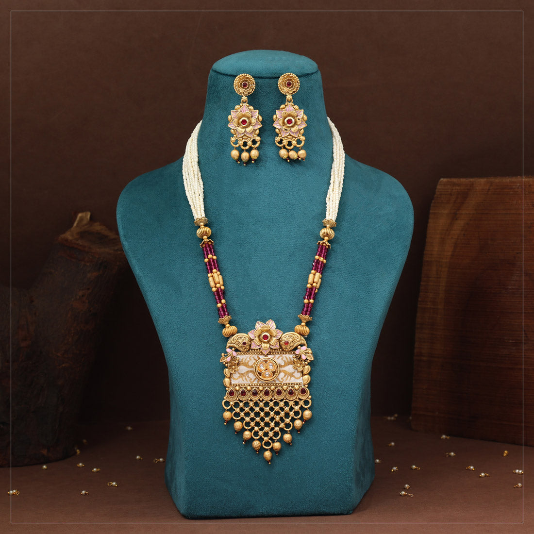 Rani Color Matte Gold Rajwadi Temple Necklace Set (TPLN716RNI) Jewellery GetGlit