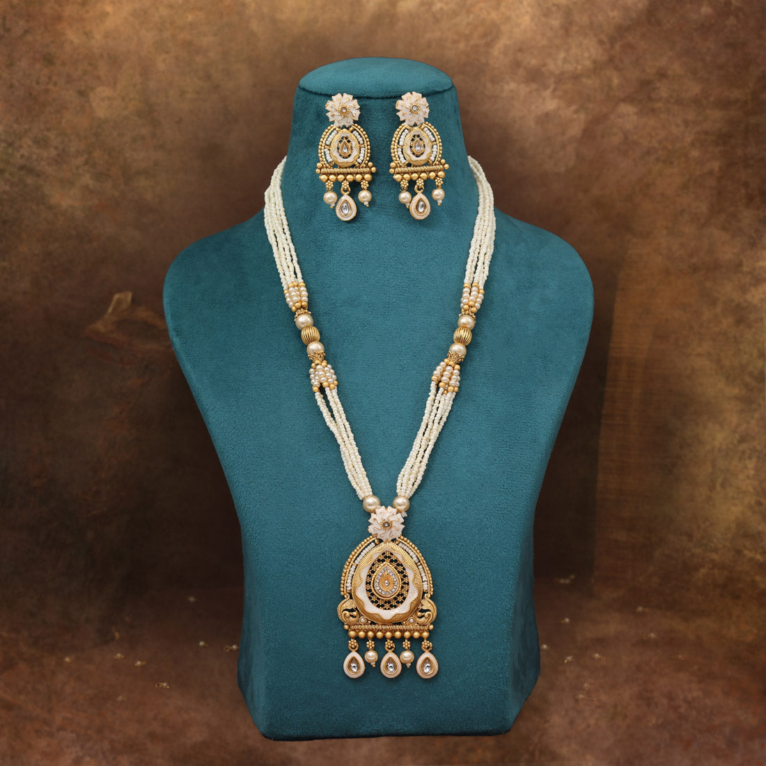 Gold Color Meena Work Matte Gold Rajwadi Temple Necklace Set (TPLN717GLD) Jewellery GetGlit