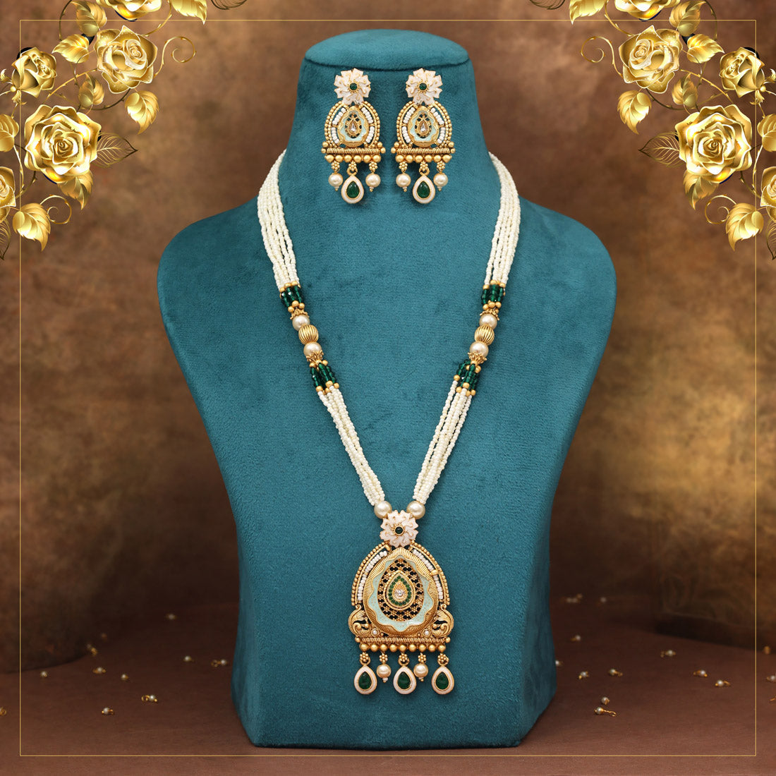 Green Color Meena Work Matte Gold Rajwadi Temple Necklace Set (TPLN717GRN)