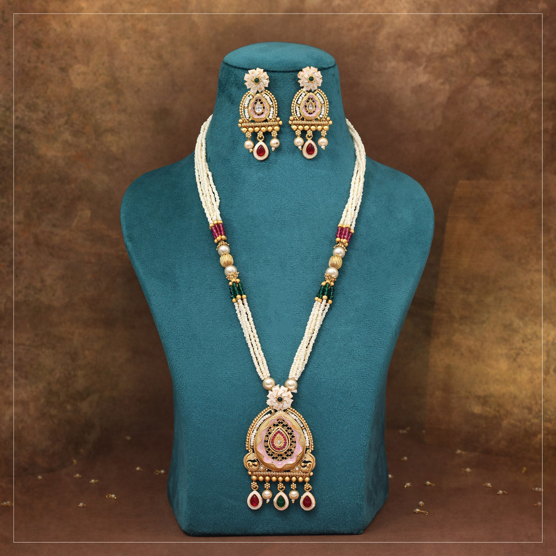 Rani & Green Color Meena Work Matte Gold Rajwadi Temple Necklace Set (TPLN717RNIGRN) Jewellery GetGlit