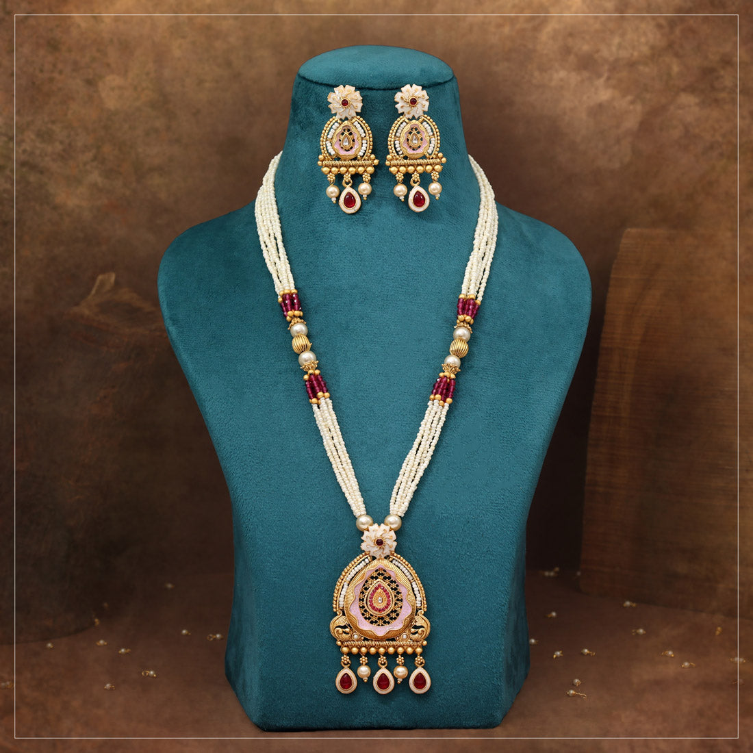 Rani Color Meena Work Matte Gold Rajwadi Temple Necklace Set (TPLN717RNI) Jewellery GetGlit