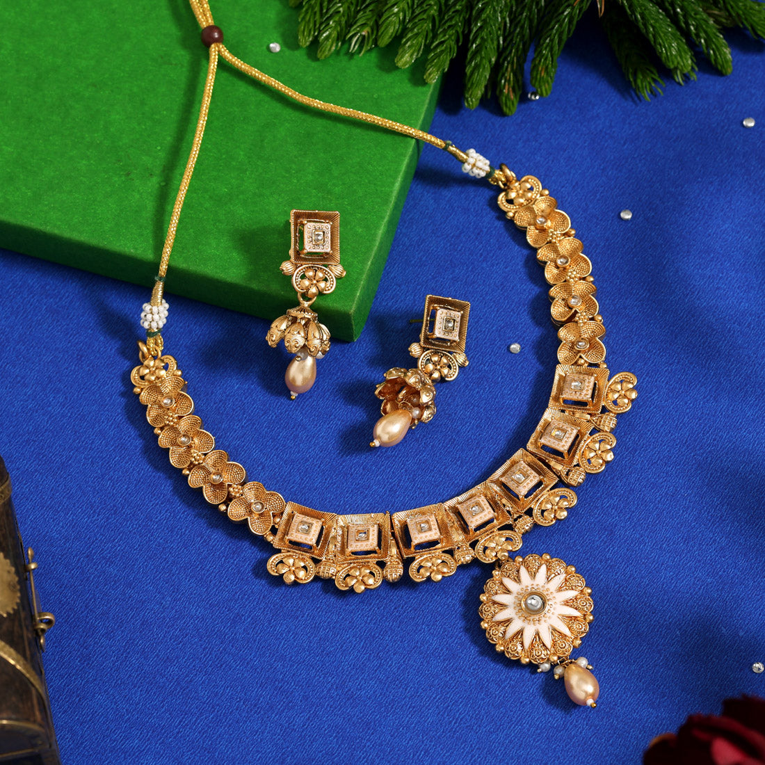 Gold Color Meena Work Matte Gold Rajwadi Temple Necklace Set Jewellery GetGlit