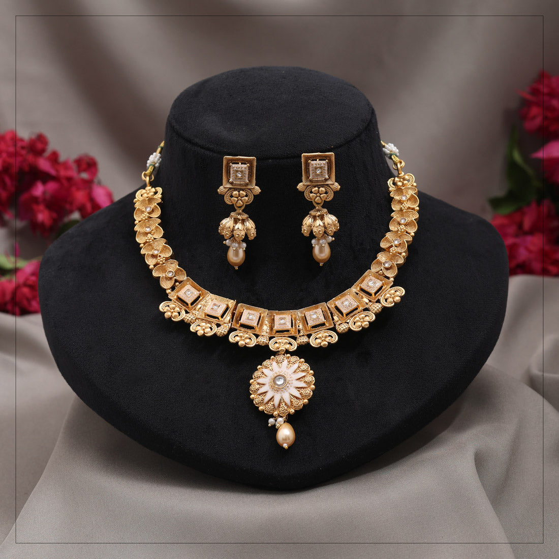 Gold Color Meena Work Matte Gold Rajwadi Temple Necklace Set