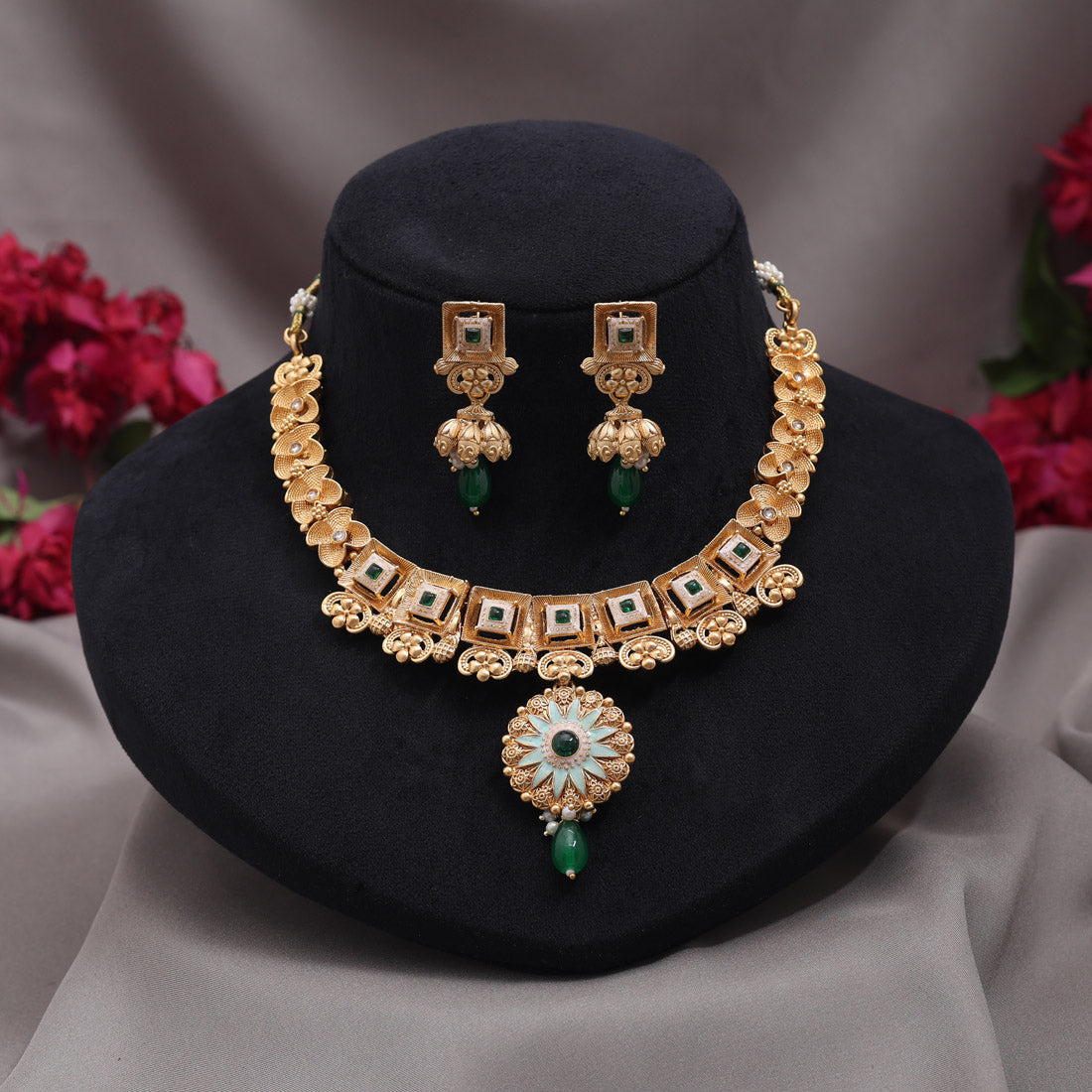 Green Color Meena Work Matte Gold Rajwadi Temple Necklace Set Jewellery GetGlit