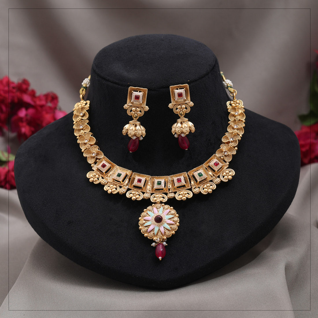 Rani & Green Color Meena Work Matte Gold Rajwadi Temple Necklace Set