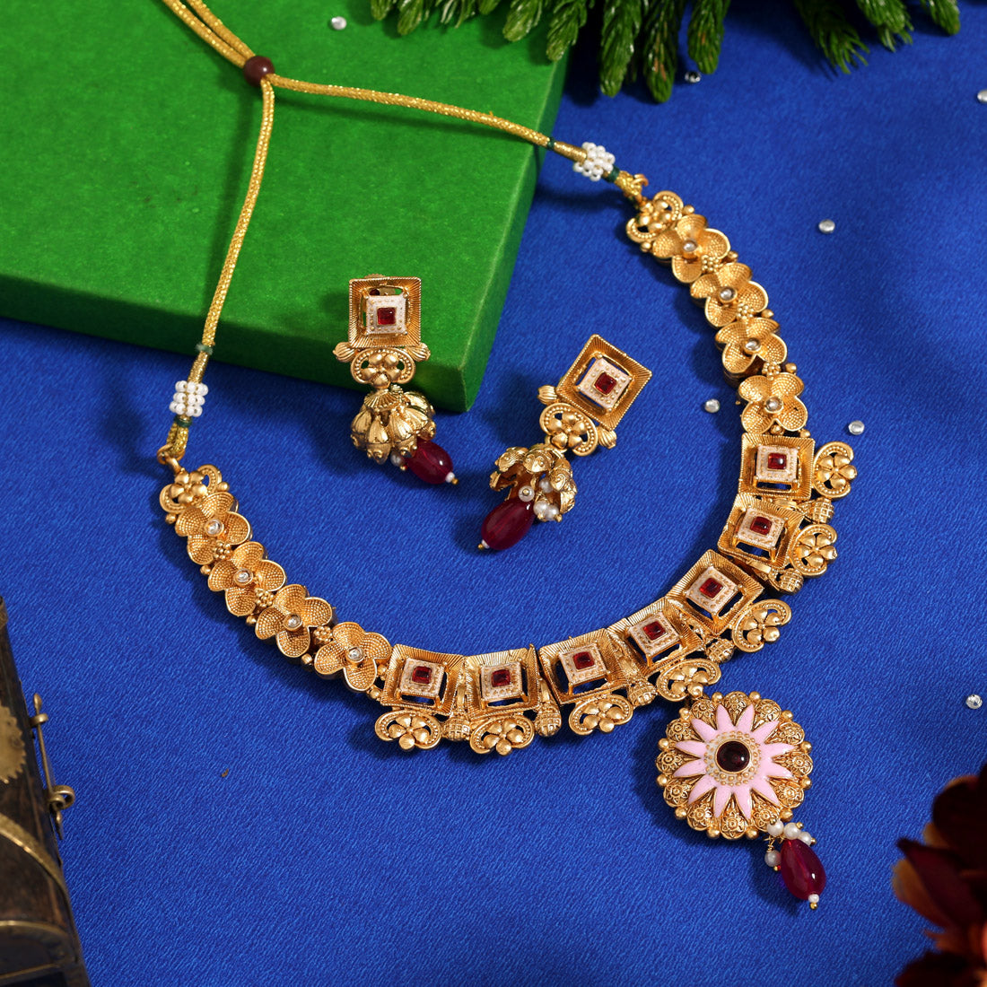 Rani Color Meena Work Matte Gold Rajwadi Temple Necklace Set