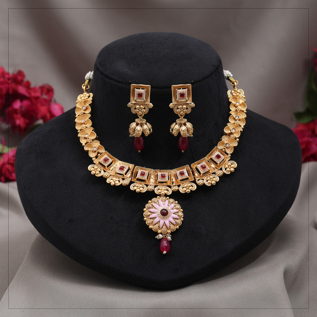 Rani Color Meena Work Matte Gold Rajwadi Temple Necklace Set