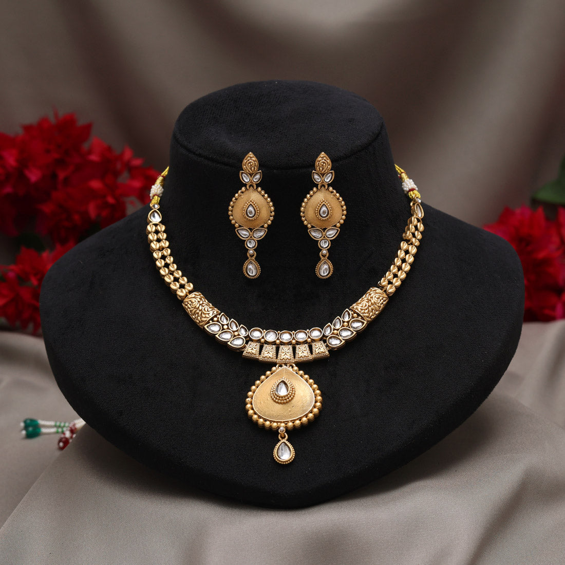 Gold Color Matte Gold Rajwadi Temple Necklace Set Jewellery GetGlit