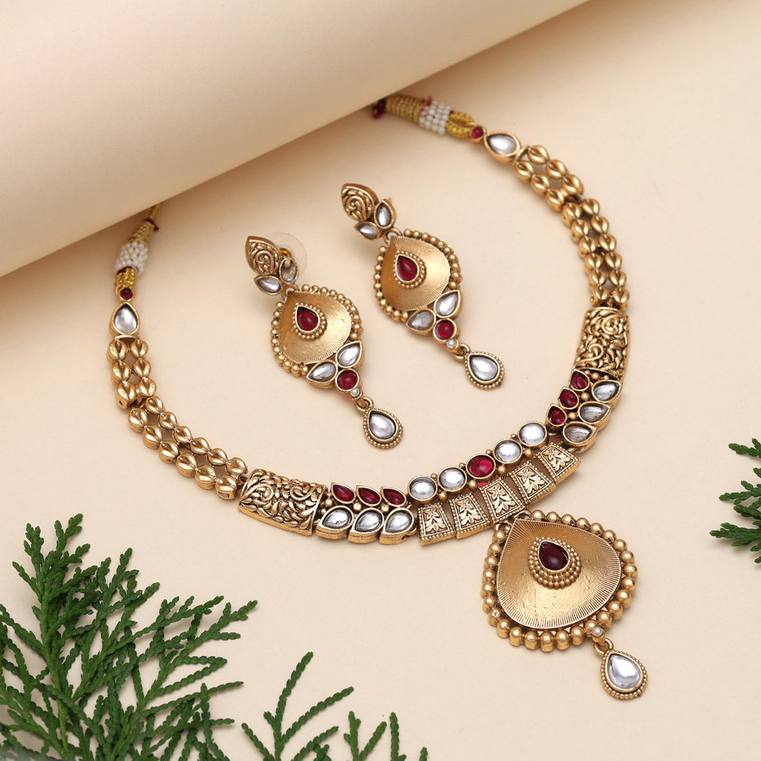 Rani Color Matte Gold Rajwadi Temple Necklace Set