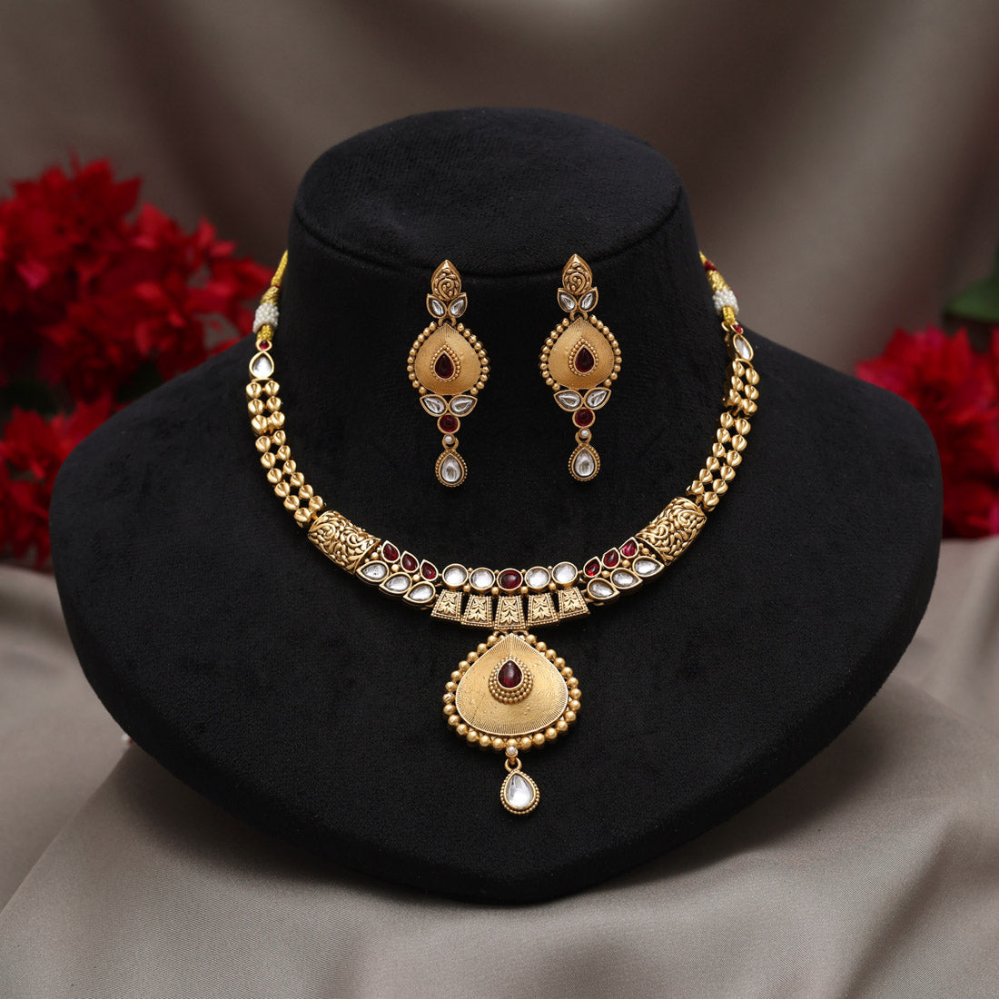 Rani Color Matte Gold Rajwadi Temple Necklace Set Jewellery GetGlit