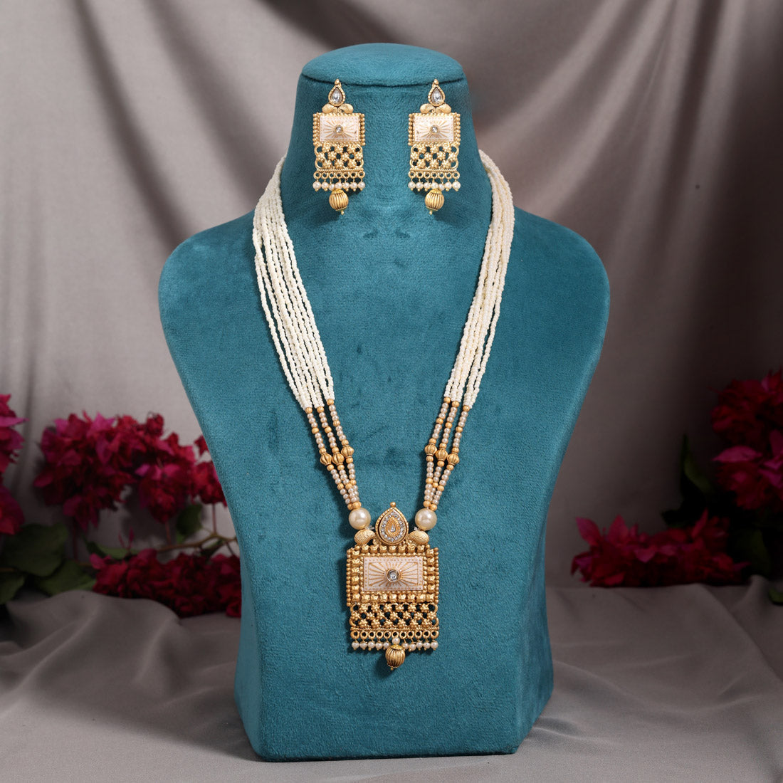 Gold Color Meena Work Matte Gold Rajwadi Temple Necklace Set Jewellery GetGlit