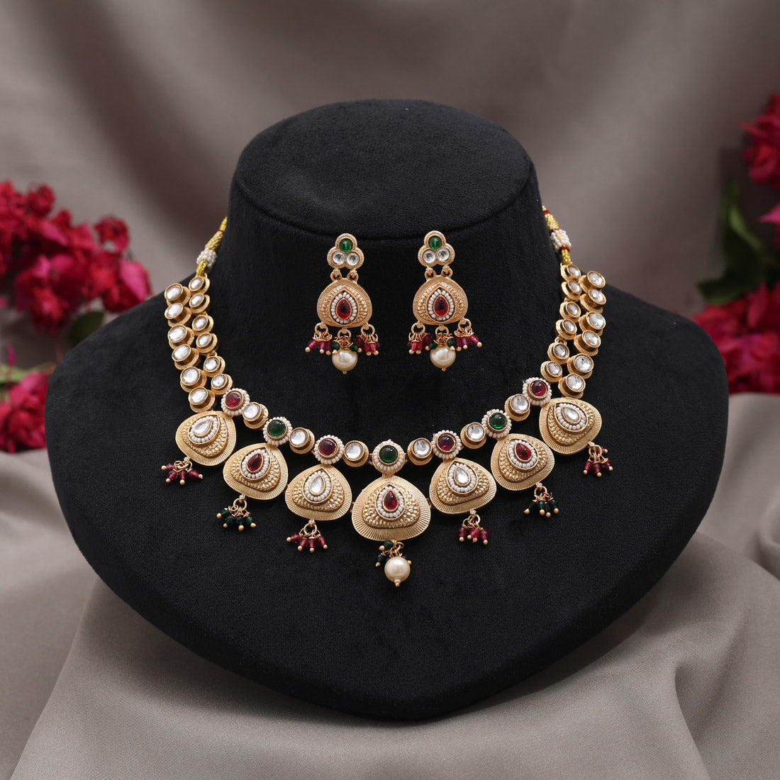 Rani & Green Color Matte Gold Rajwadi Temple Necklace Set Jewellery GetGlit