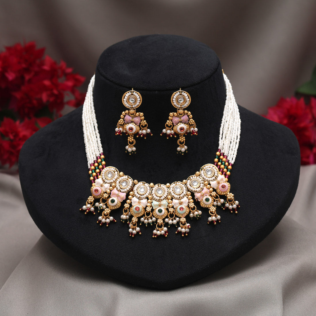 Multi Color Meena Work Matte Gold Rajwadi Temple Necklace Set