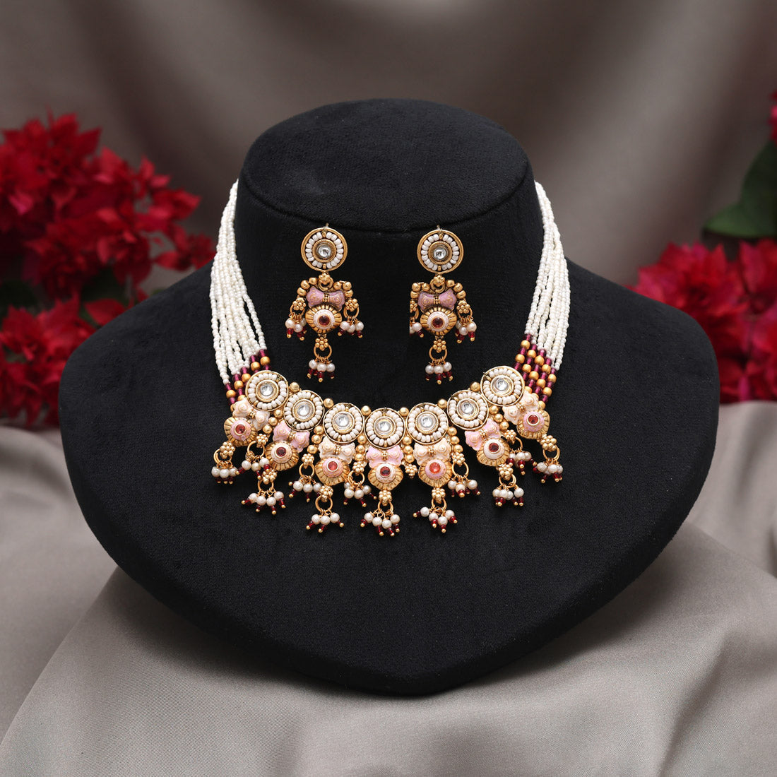 Pink Color Meena Work Matte Gold Rajwadi Temple Necklace Set