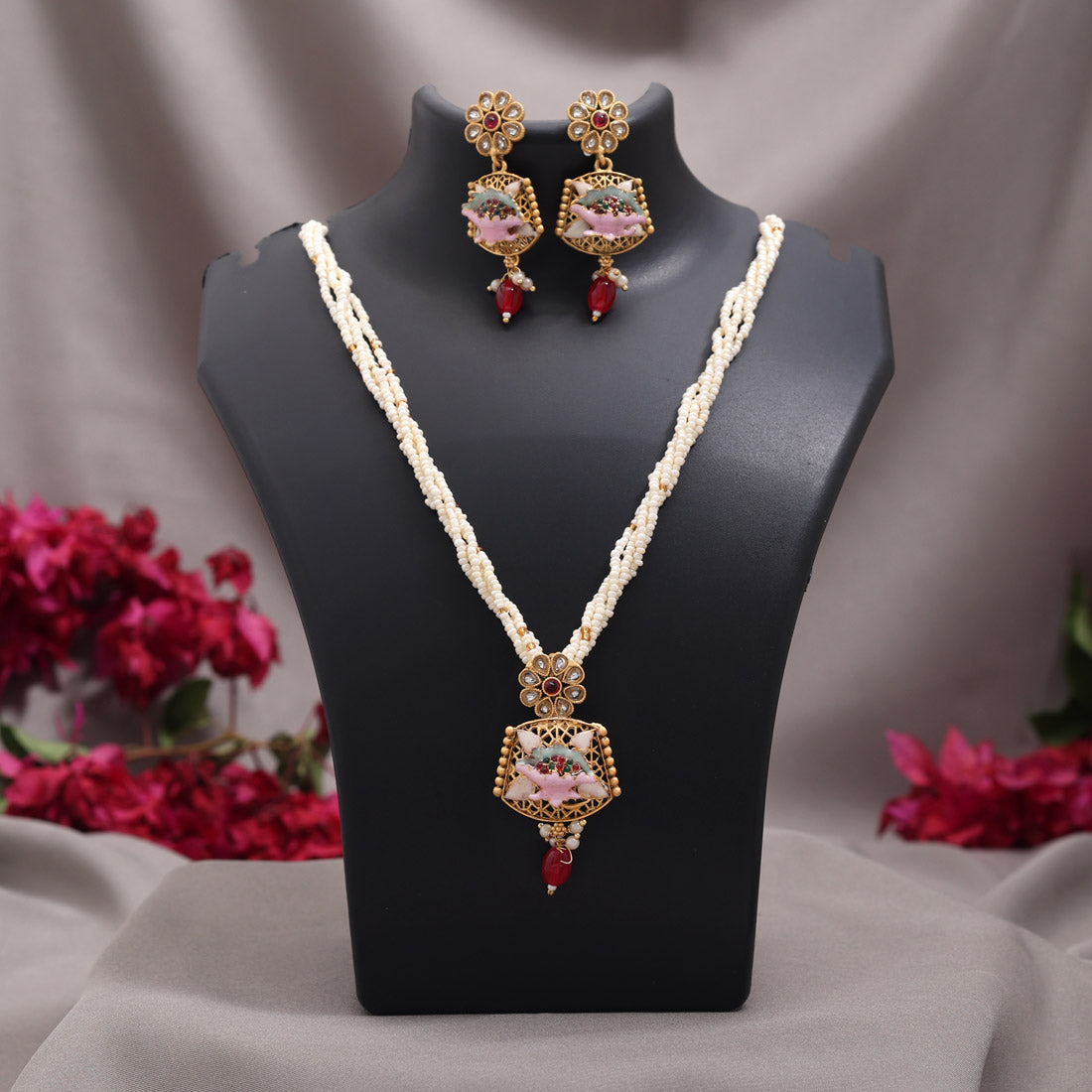 Rani & Green Color Meena Work Matte Gold Rajwadi Temple Necklace Set Jewellery GetGlit