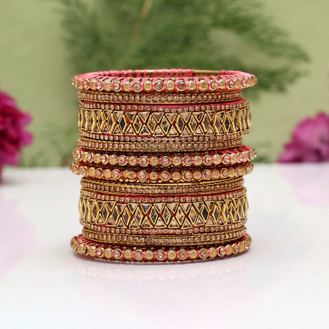 Assorted Color 6 Set Of Thread Work Bangles Combo Size(1 Set Of 2.8, 3 Set Of 2.10, 2 Set Of 2.12) (TRB121CMB)