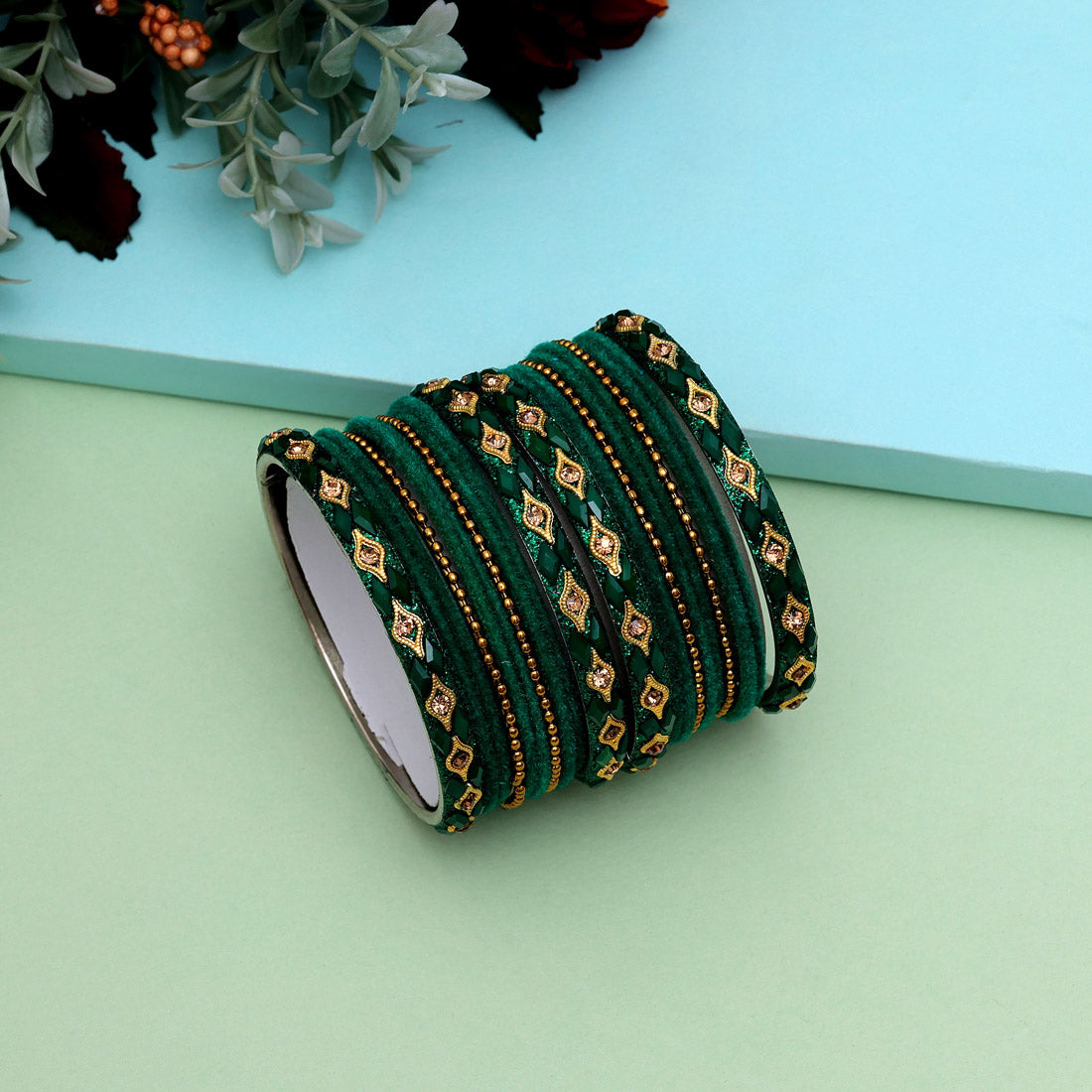 Green Color Velvet Work Bangle Set: 2.8 (TRB176GRN-2.8) Bracelets GetGlit   