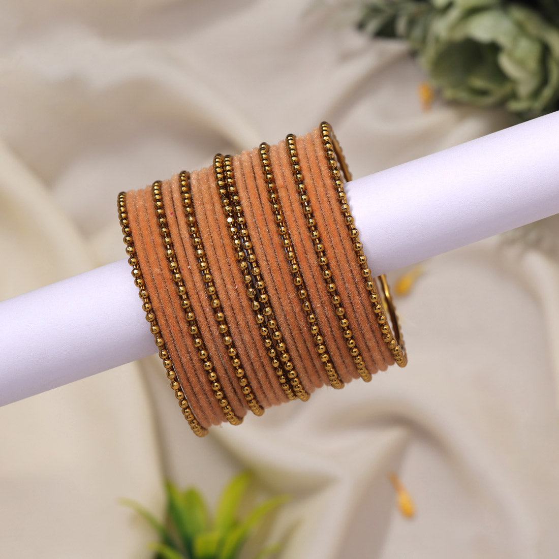 Peach Color Velvet Work Bangle Set: 2.6 (TRB177PCH-2.6) Jewellery GetGlit   