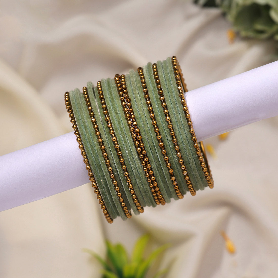 Pista Green Color Velvet Work Bangle Set: 2.8 (TRB177PGRN-2.8) Jewellery GetGlit   