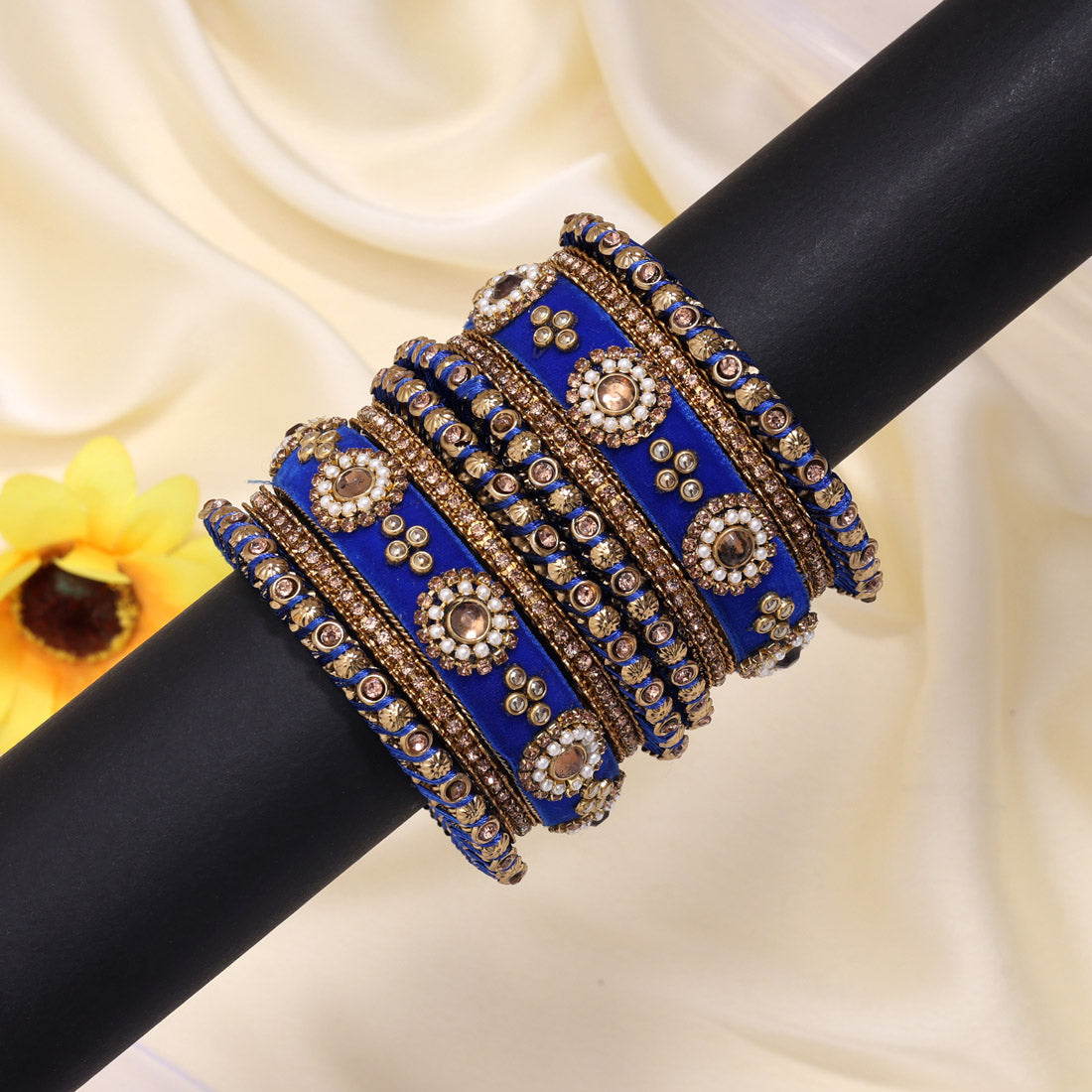 Blue Color Velvet Work Bangle Set: 2.12 Jewellery GetGlit