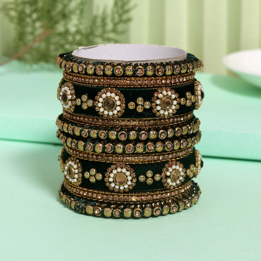 Green Color Velvet Work Bangle Set: 2.4 Jewellery GetGlit