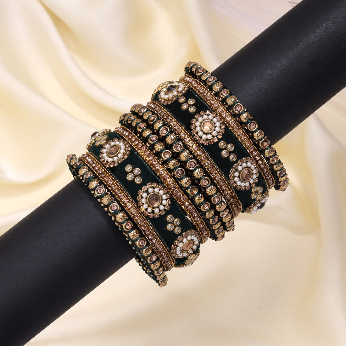 Green Color Velvet Work Bangle Set: 2.4 (TRB180GRN-2.4)