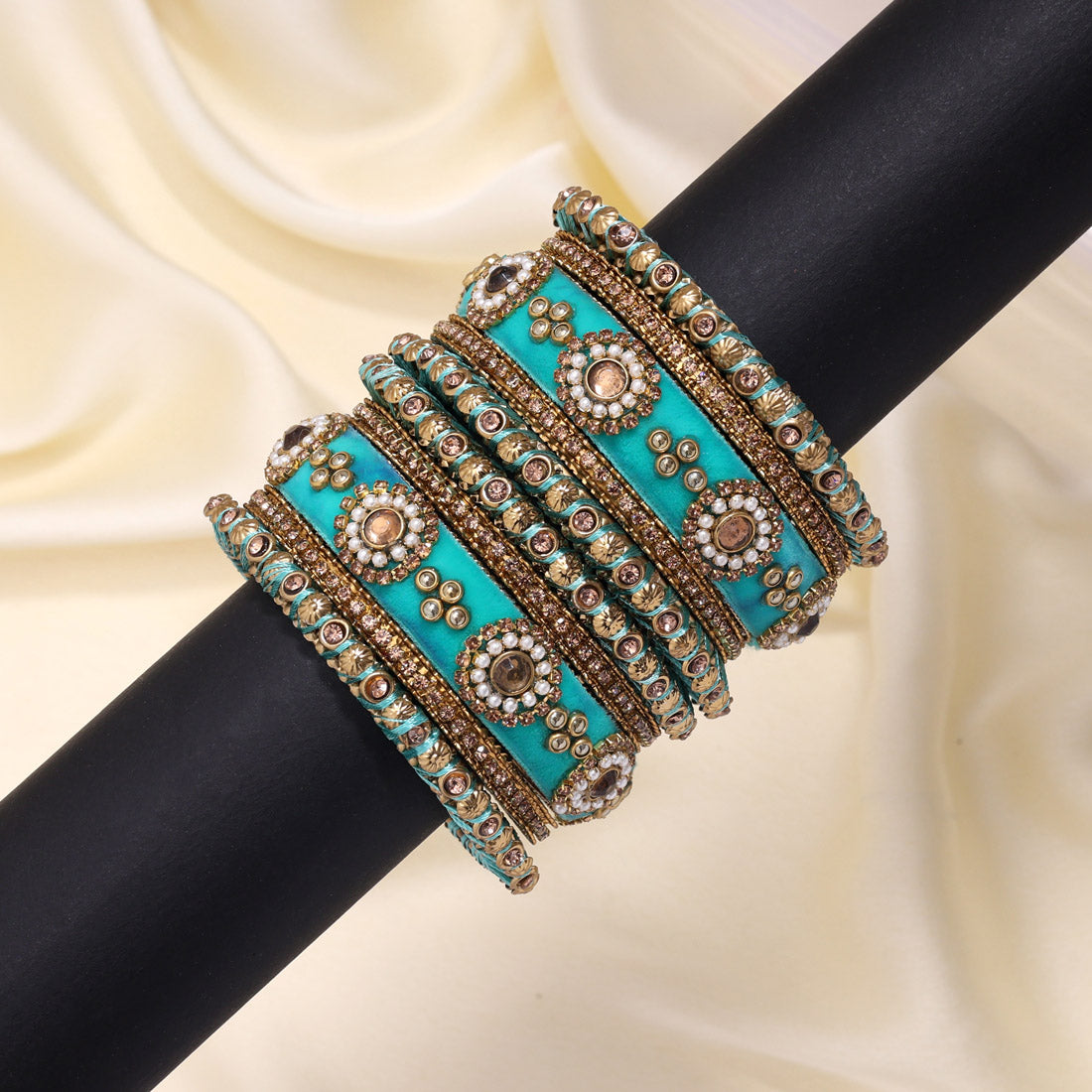 Light Green Color Velvet Work Bangle Set: 2.10 (TRB180LGRN-2.10) Jewellery GetGlit