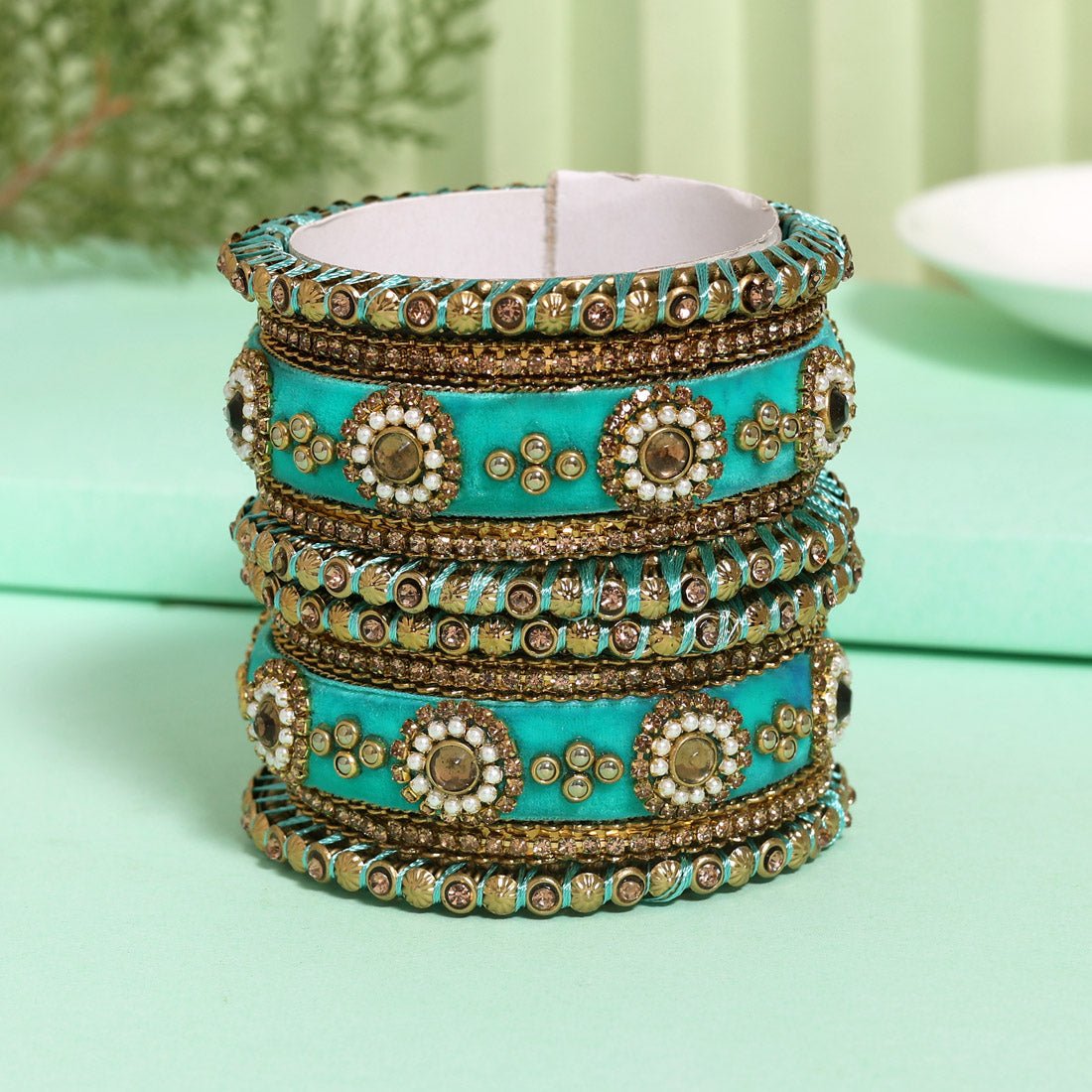 Light Green Color Velvet Work Bangle Set: 2.12 Jewellery GetGlit