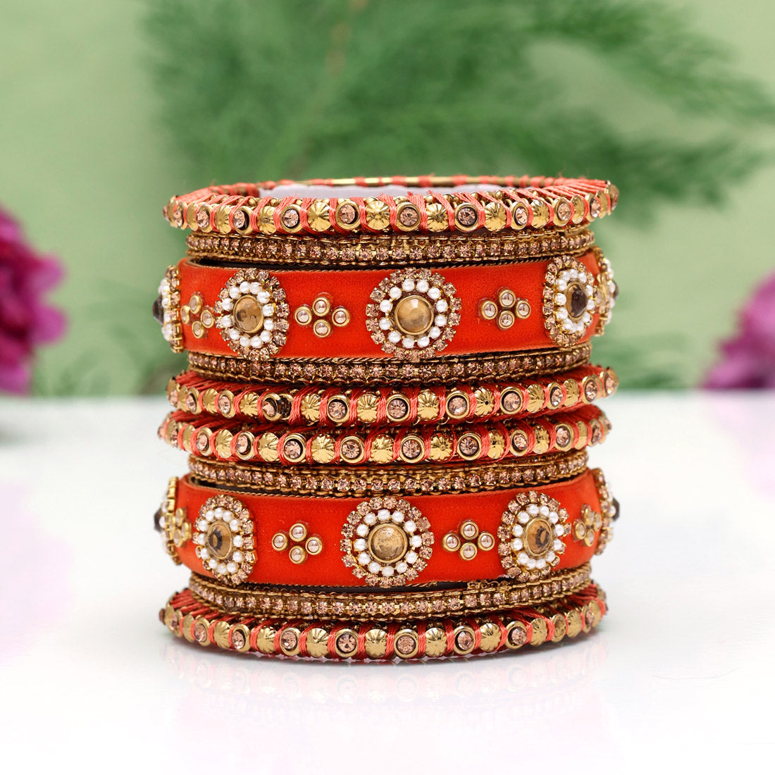 Orange Color Thread Bangle Set: 2.8