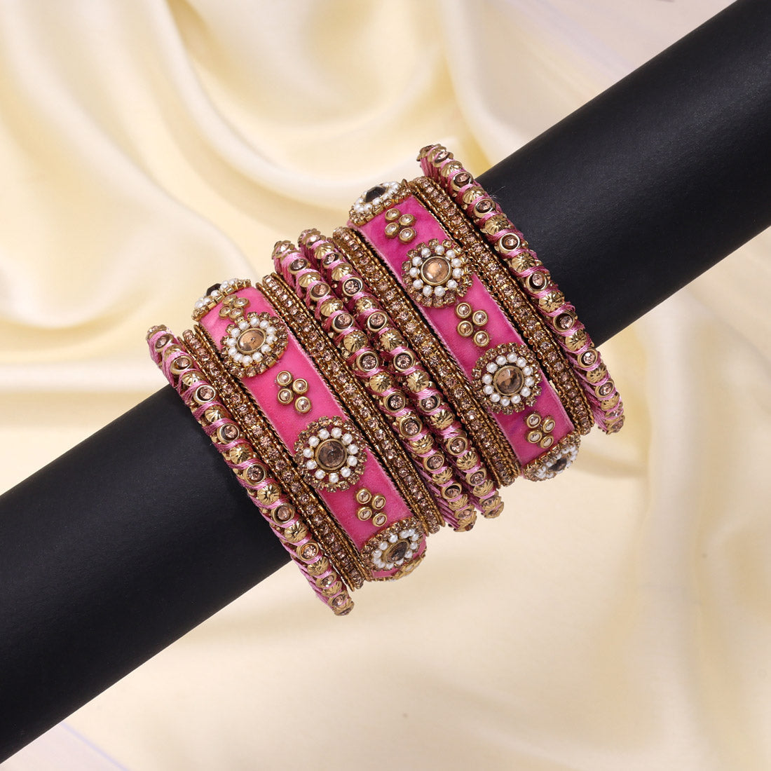 Pink Color Velvet Work Bangle Set: 2.10 (TRB180PNK-2.10) Jewellery GetGlit