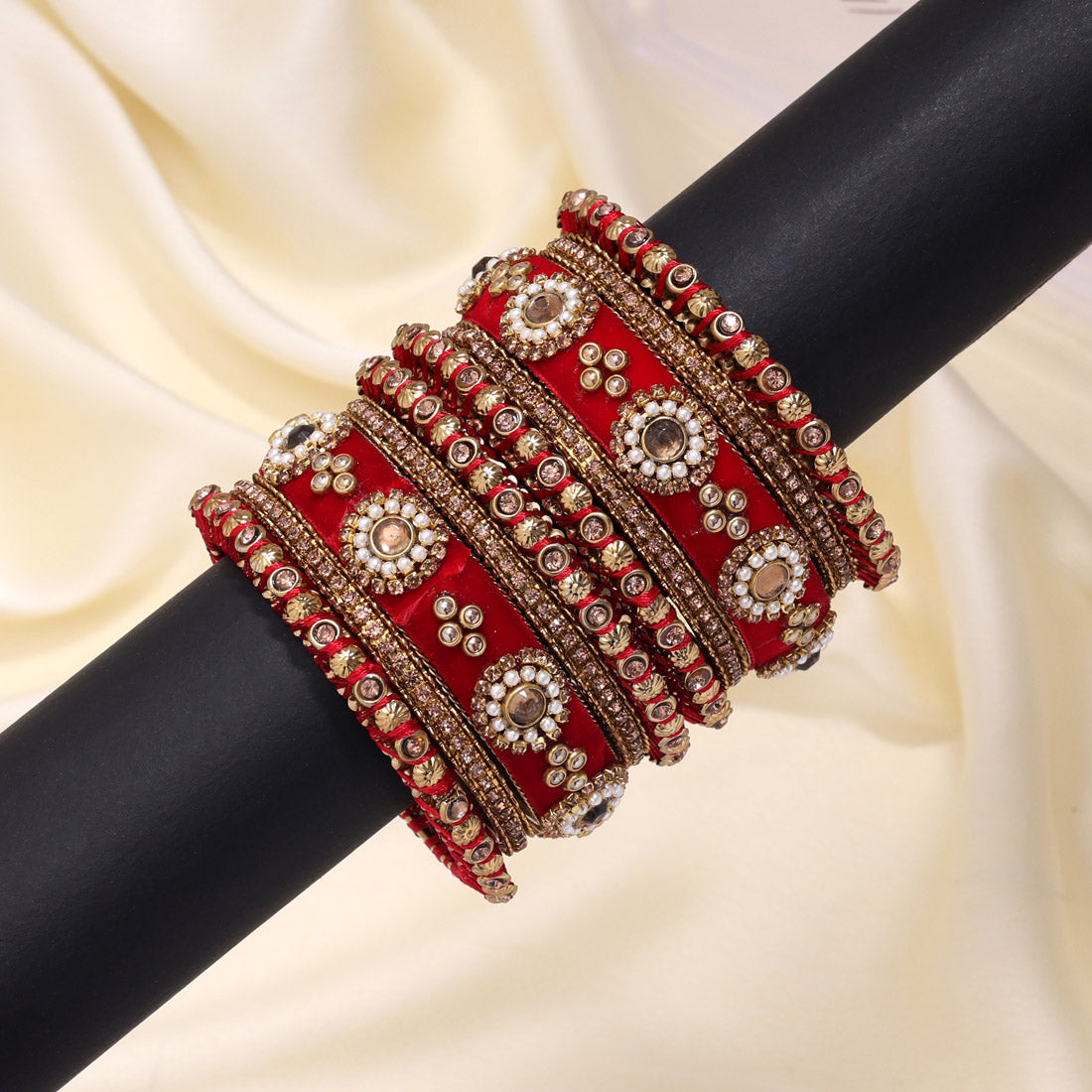 Red Color Velvet Work Bangle Set: 2.12 (TRB180RED-2.12) Jewellery GetGlit