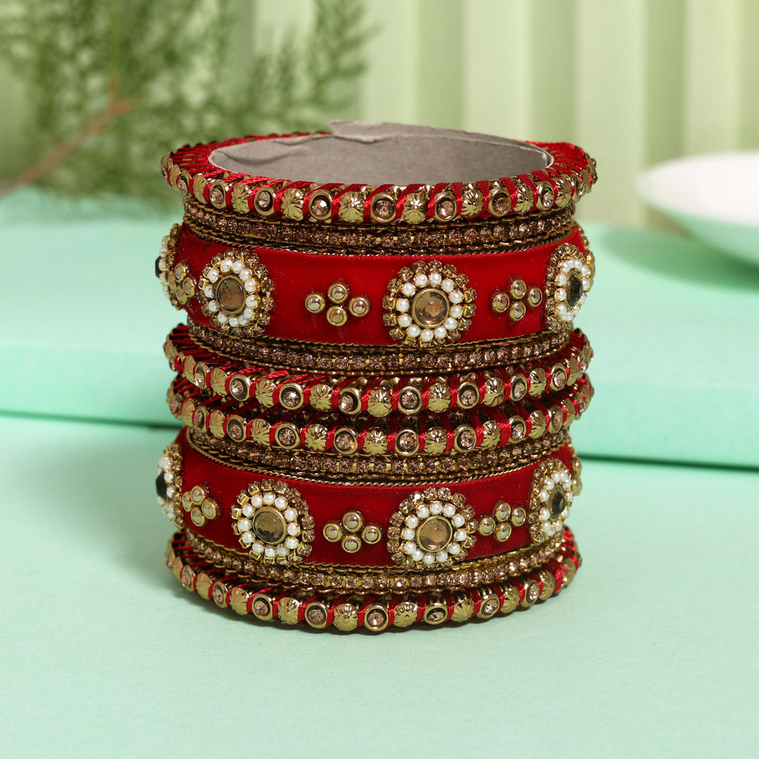 Red Color Velvet Work Bangle Set: 2.8 Jewellery GetGlit