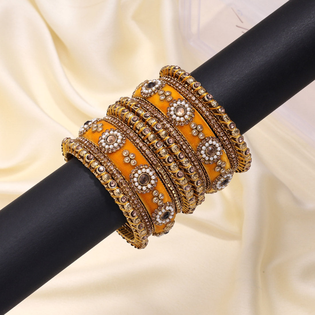 Yellow Color Velvet Work Bangle Set: 2.10 (TRB180YLW-2.10)