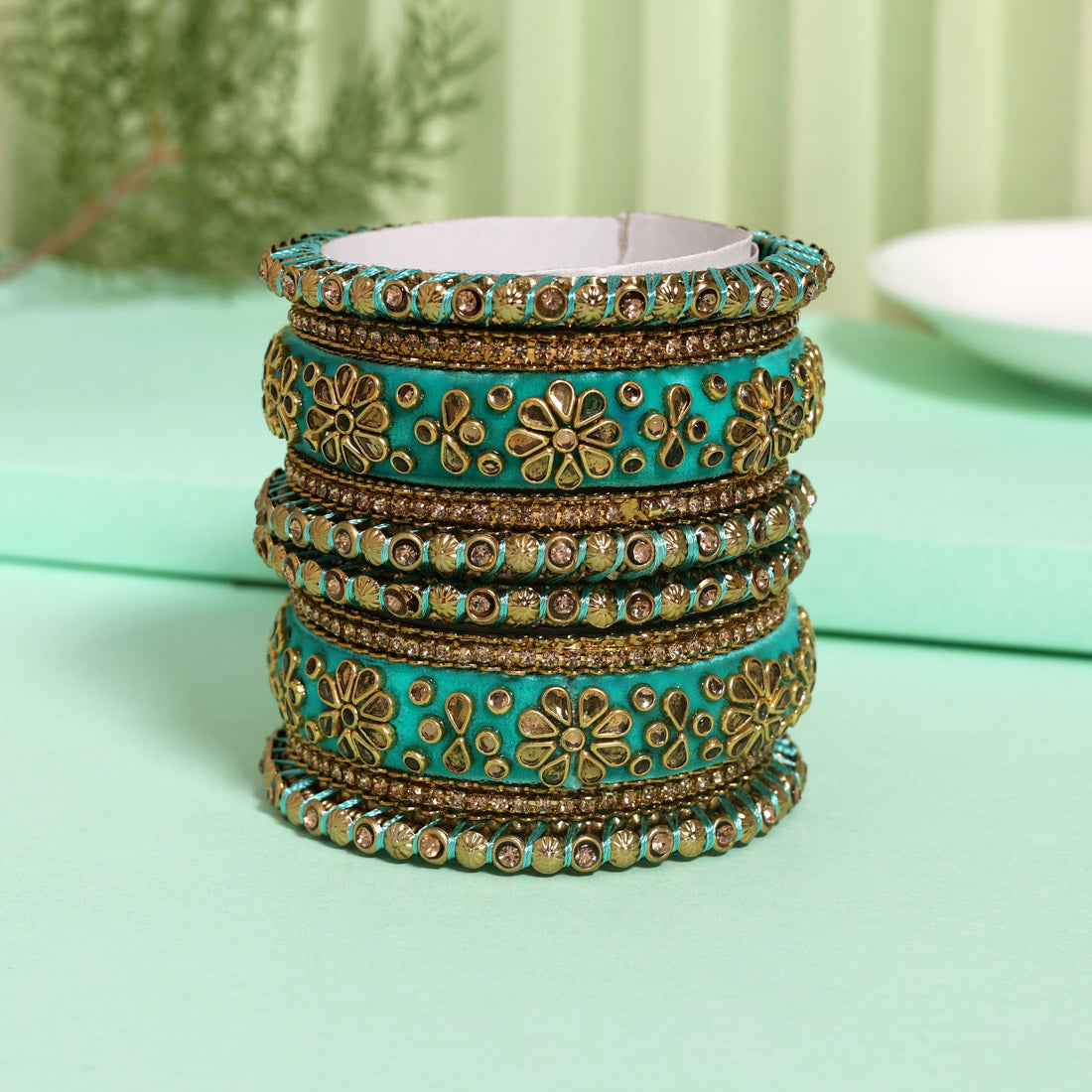 Light Green Color Velvet Work Bangle Set: 2.4 (TRB181LGRN-2.4) Jewellery GetGlit