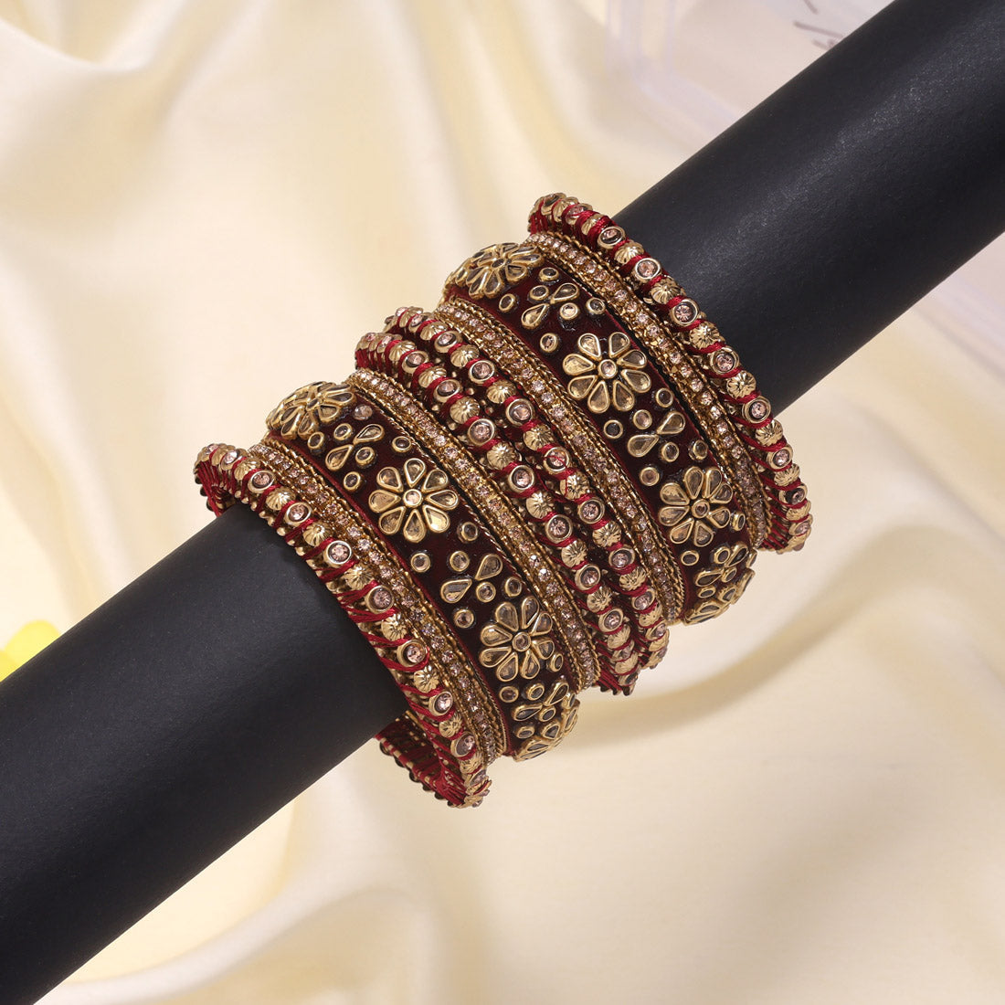 Maroon Color Velvet Work Bangle Set: 2.4