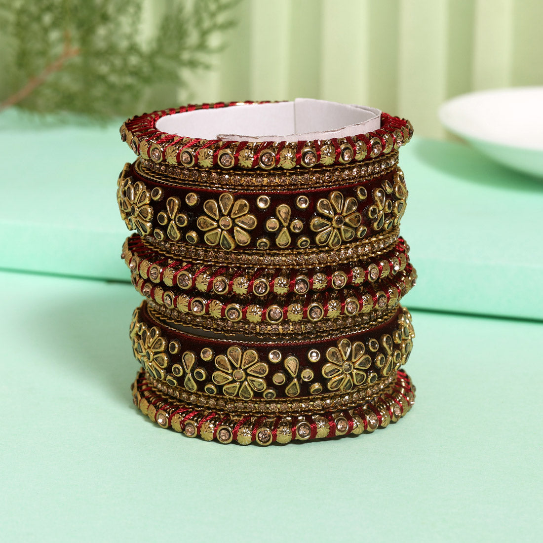 Maroon Color Velvet Work Bangle Set: 2.6 Jewellery GetGlit