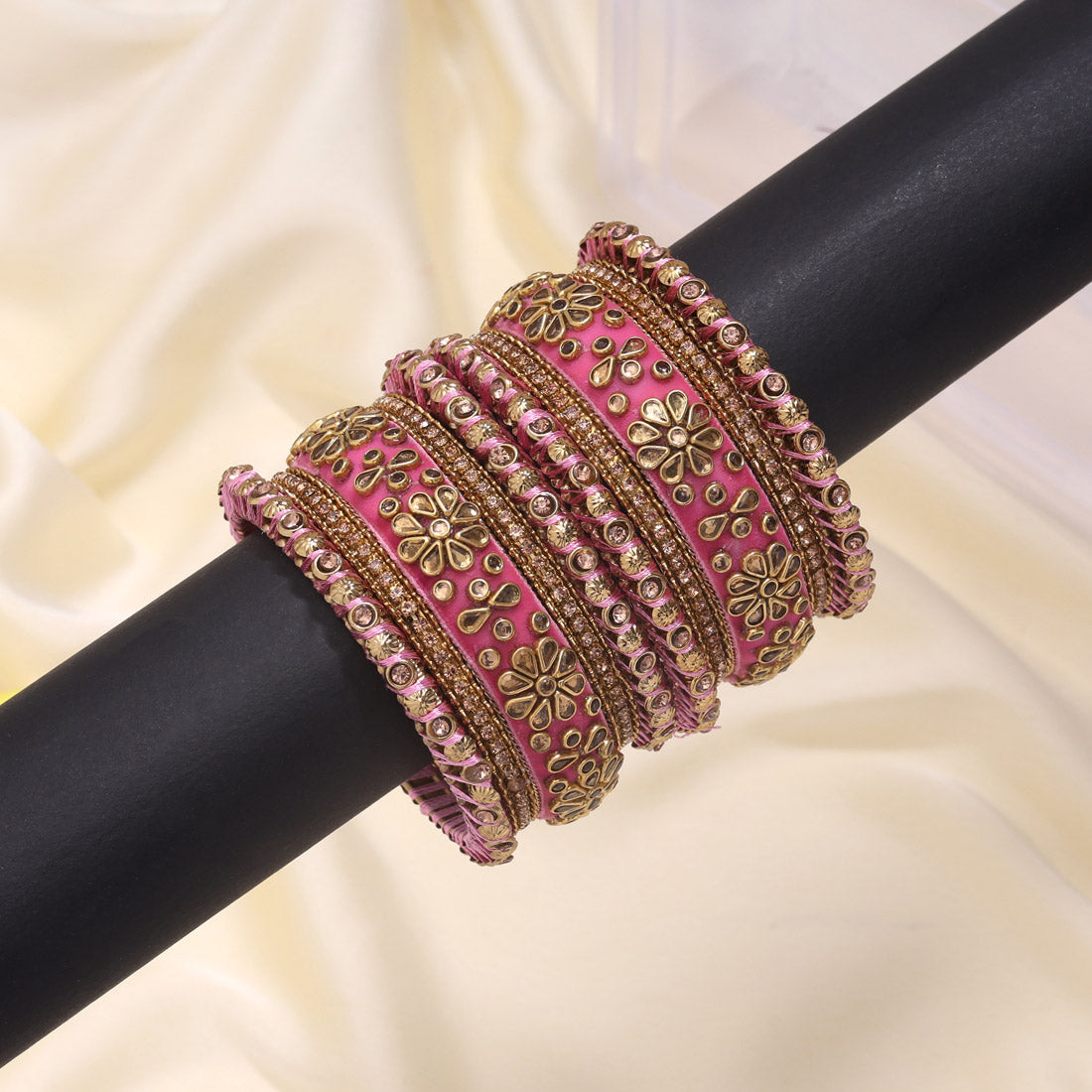 Pink Color Velvet Work Bangle Set: 2.6 Jewellery GetGlit