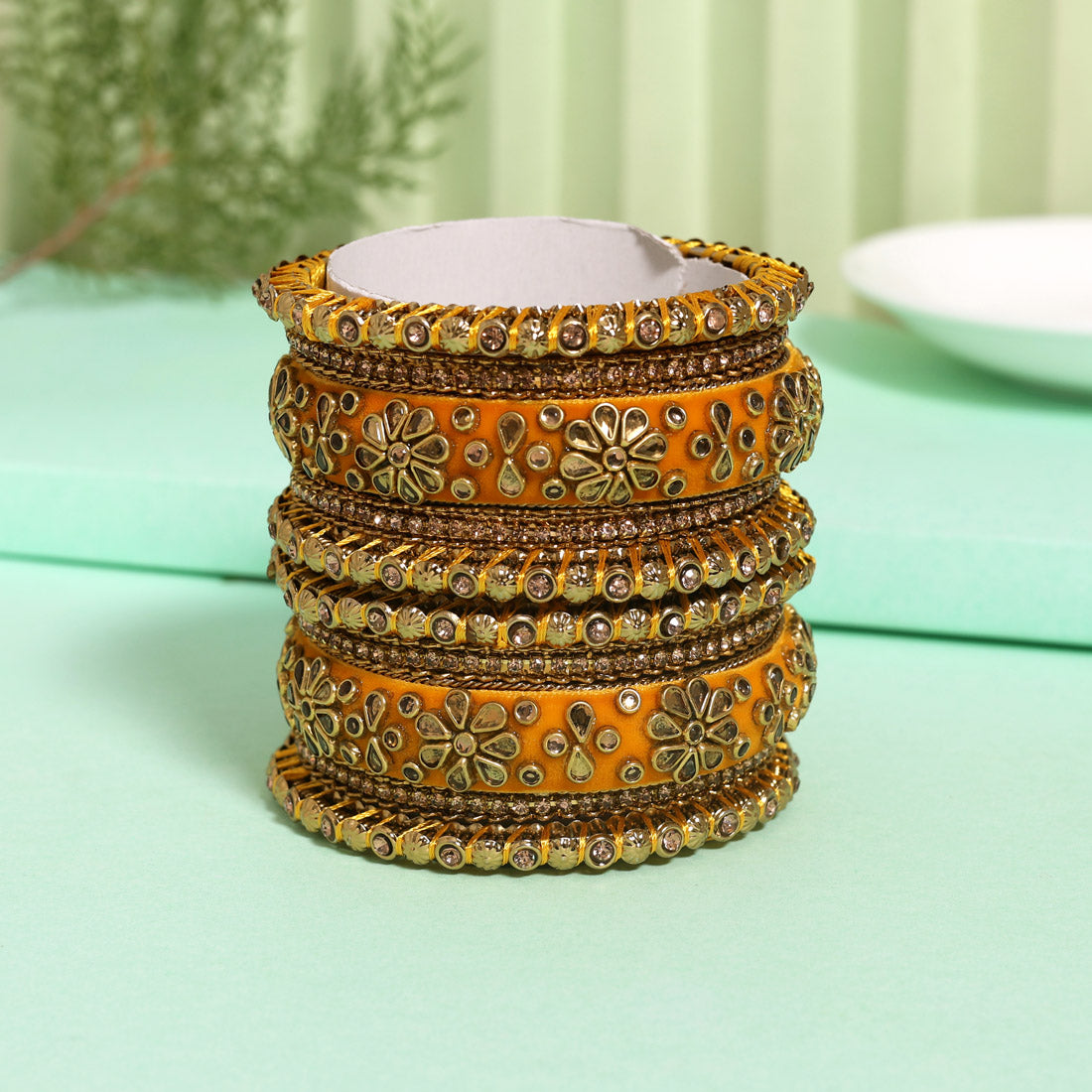 Yellow Color Velvet Work Bangle Set: 2.6 Jewellery GetGlit