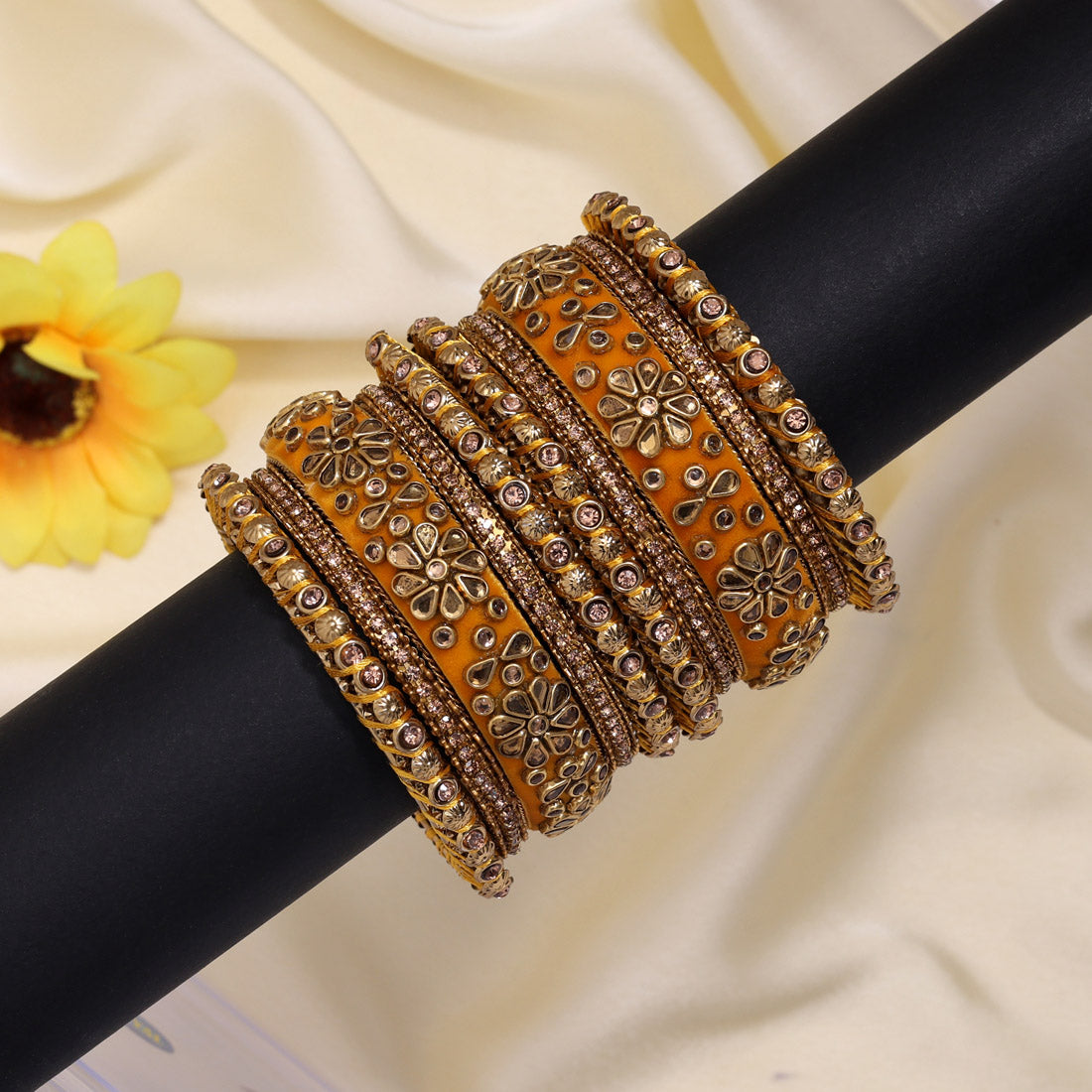 Yellow Color Velvet Work Bangle Set: 2.6