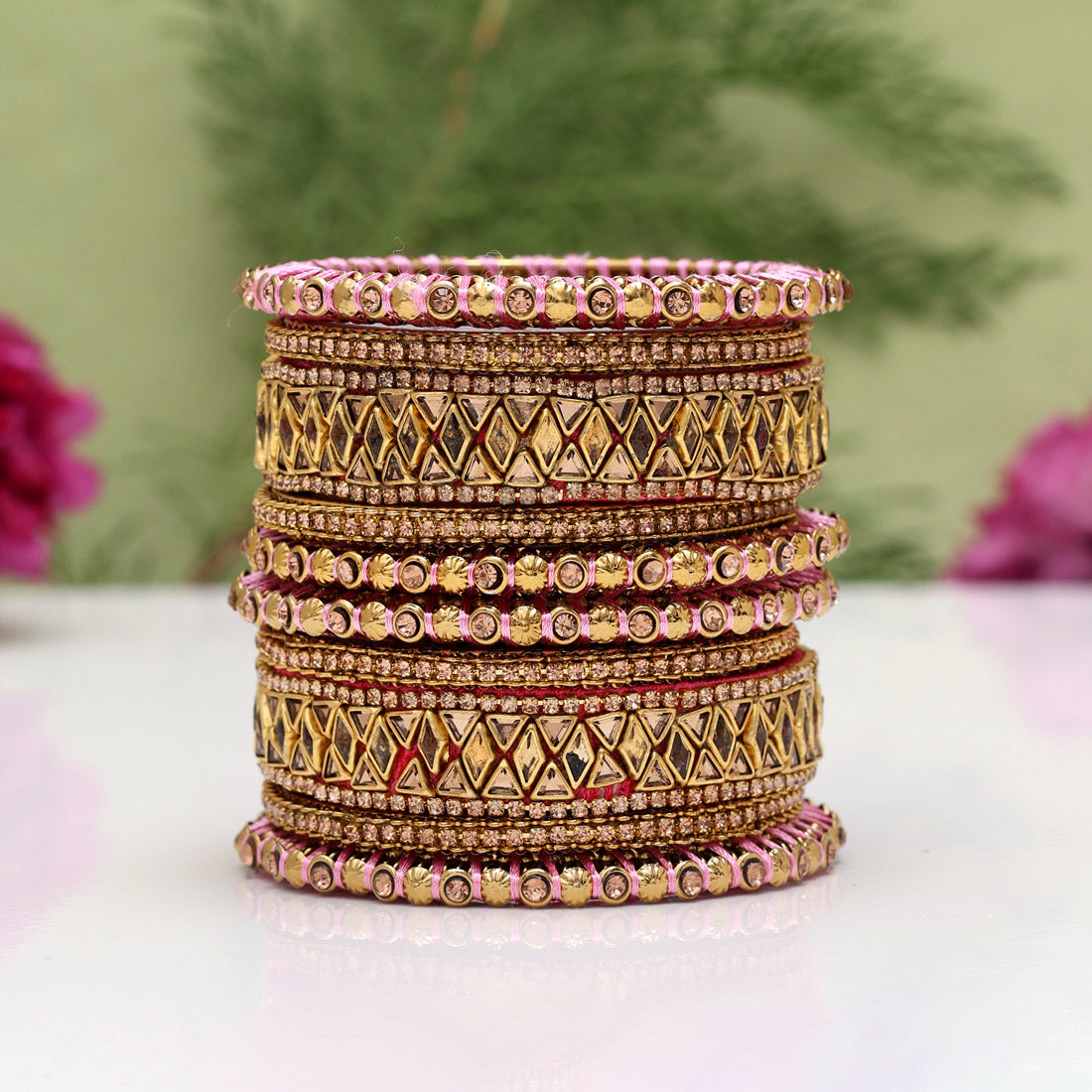 Pink Color Thread Bangle Set: 2.10 (TRB182PNK-2.10) Jewellery GetGlit