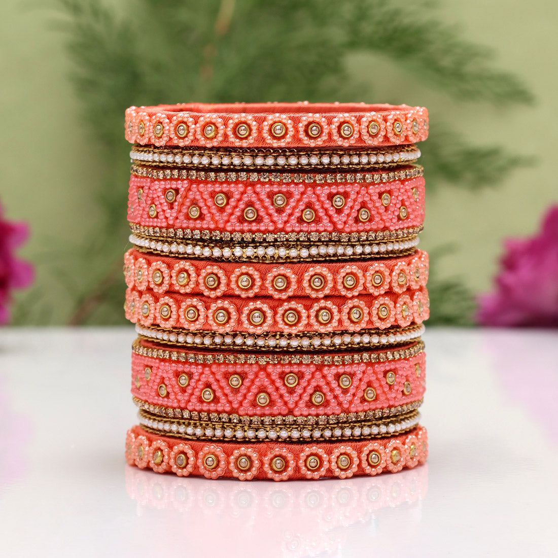 Peach Color Thread Bangle Set: 2.10 (TRB183PCH-2.10) Jewellery GetGlit